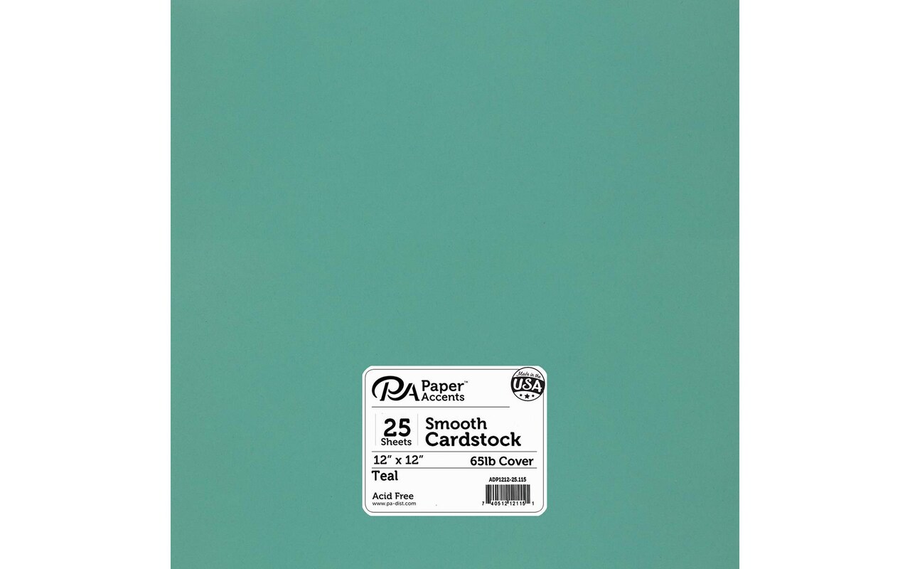 PA Paper Accents Smooth Cardstock 12" x 12" Teal, 65lb colored cardstock paper for card making, scrapbooking, printing, quilling and crafts, 25 piece pack